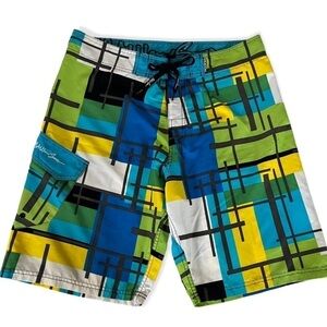 MAUI AND SONS Men's Sz 36 Blue Yellow Turquoise Black Geometric Boardshorts